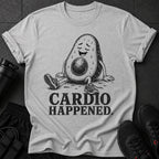 Grey t-shirt with a distressed avocado illustration and text "Cardio Happened."