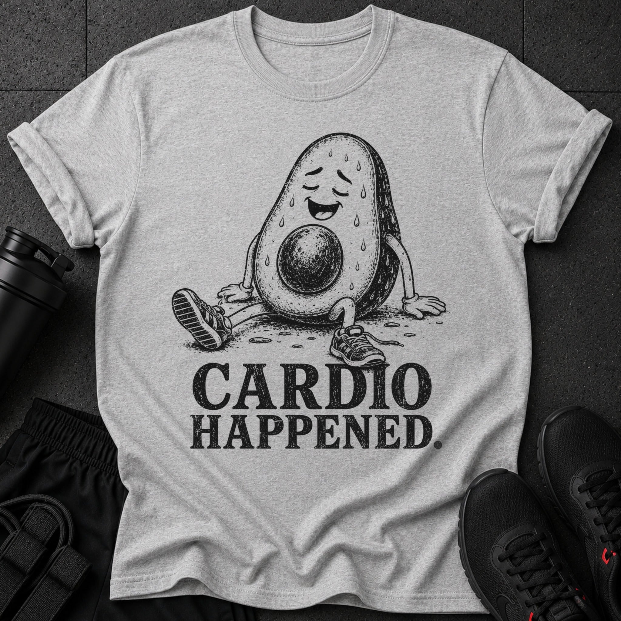 Grey t-shirt with a distressed avocado illustration and text "Cardio Happened."