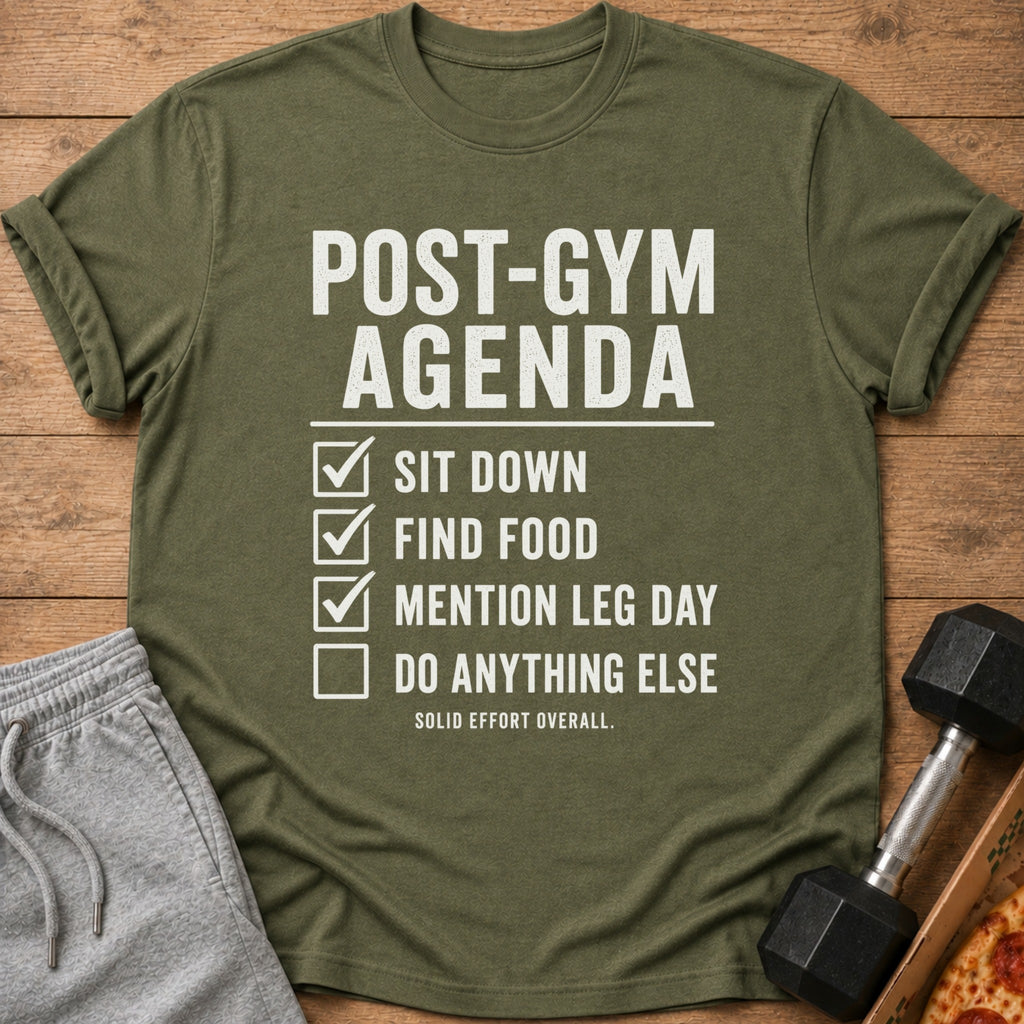 Olive green t-shirt with "Post-Gym Agenda" and a checklist.