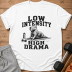 White t-shirt with text "Low Intensity High Drama" and a capybara doing yoga.