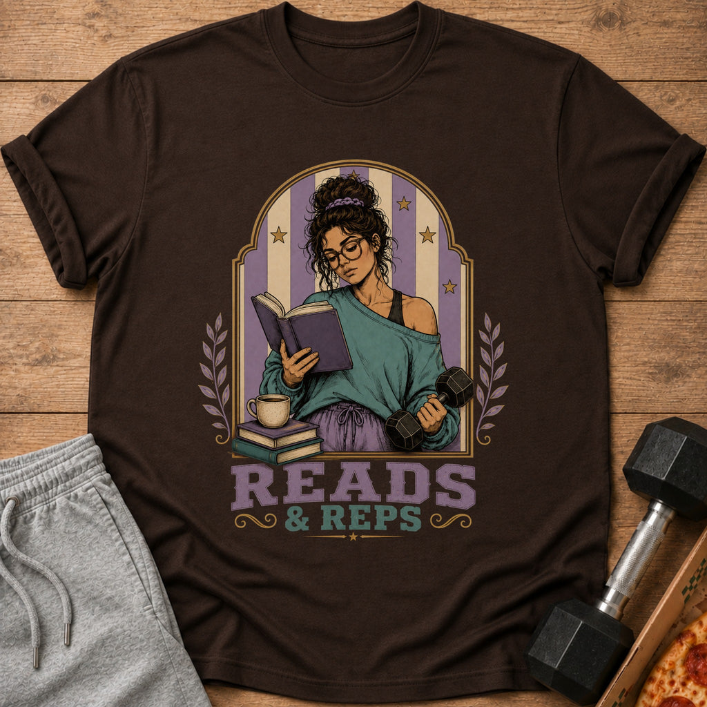 Illustration of a woman reading and holding a dumbbell, with "Reads & Reps" text.