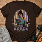 Illustration of a woman reading and holding a dumbbell, with "Reads & Reps" text.