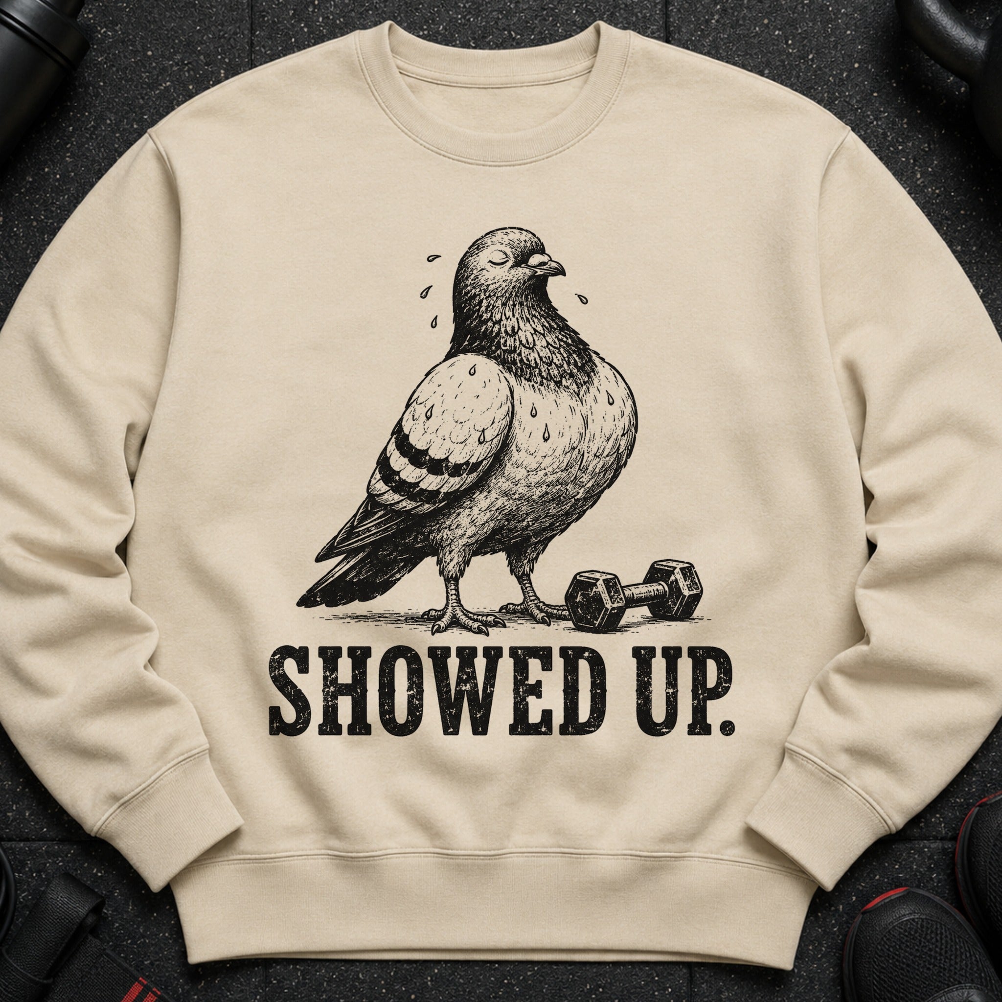Light beige sweatshirt featuring a pigeon next to dumbbells with sweat drops and the text "SHOWED UP."