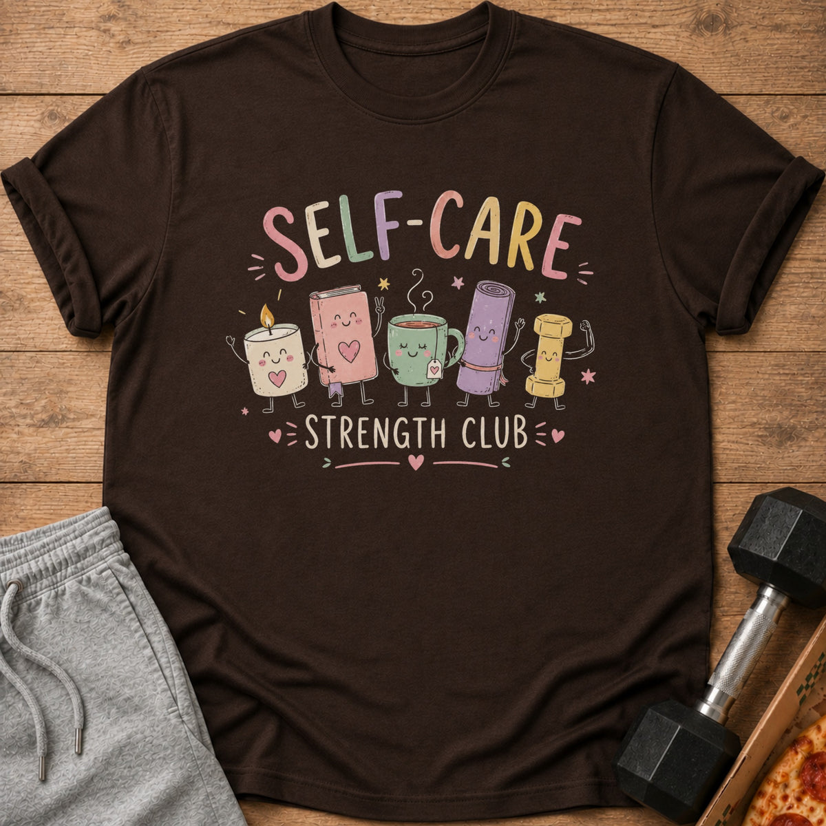 A brown t-shirt featuring a cute self-care illustration with the text Self-Care Strength Club.