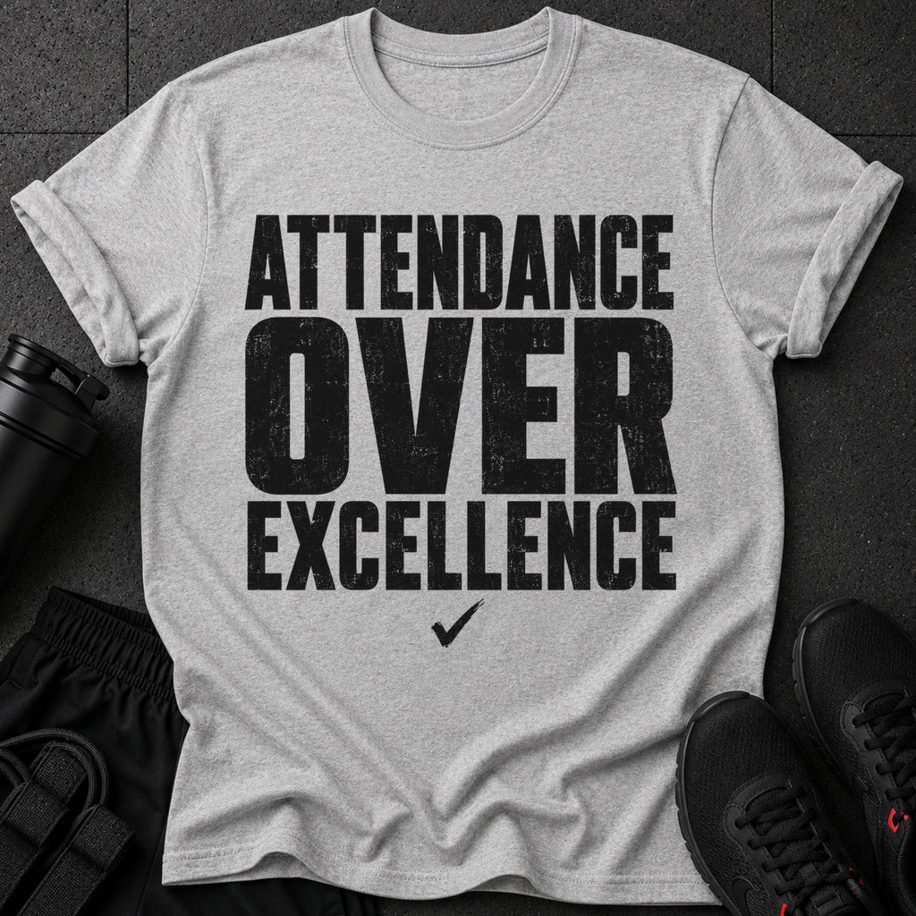 Grey t-shirt with black text "ATTENDANCE OVER EXCELLENCE" and a checkmark.