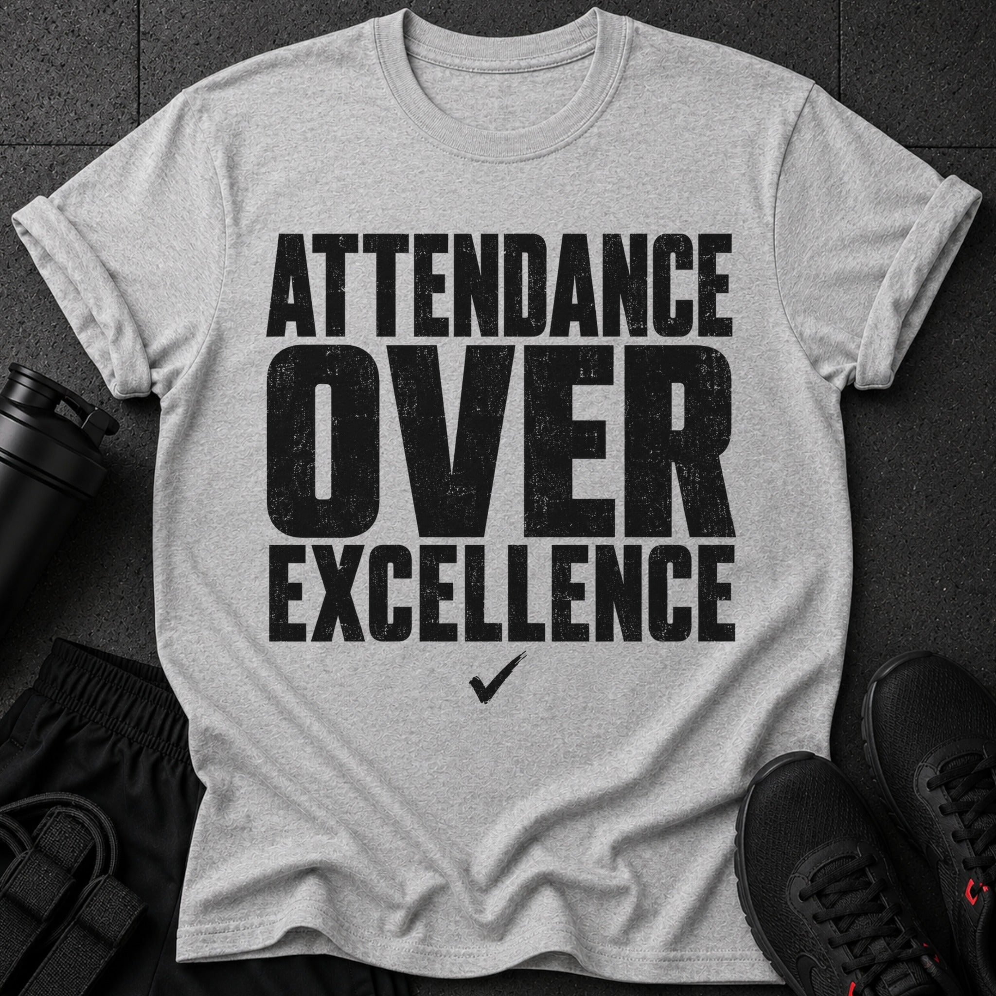 Grey t-shirt with black text "ATTENDANCE OVER EXCELLENCE" and a checkmark.