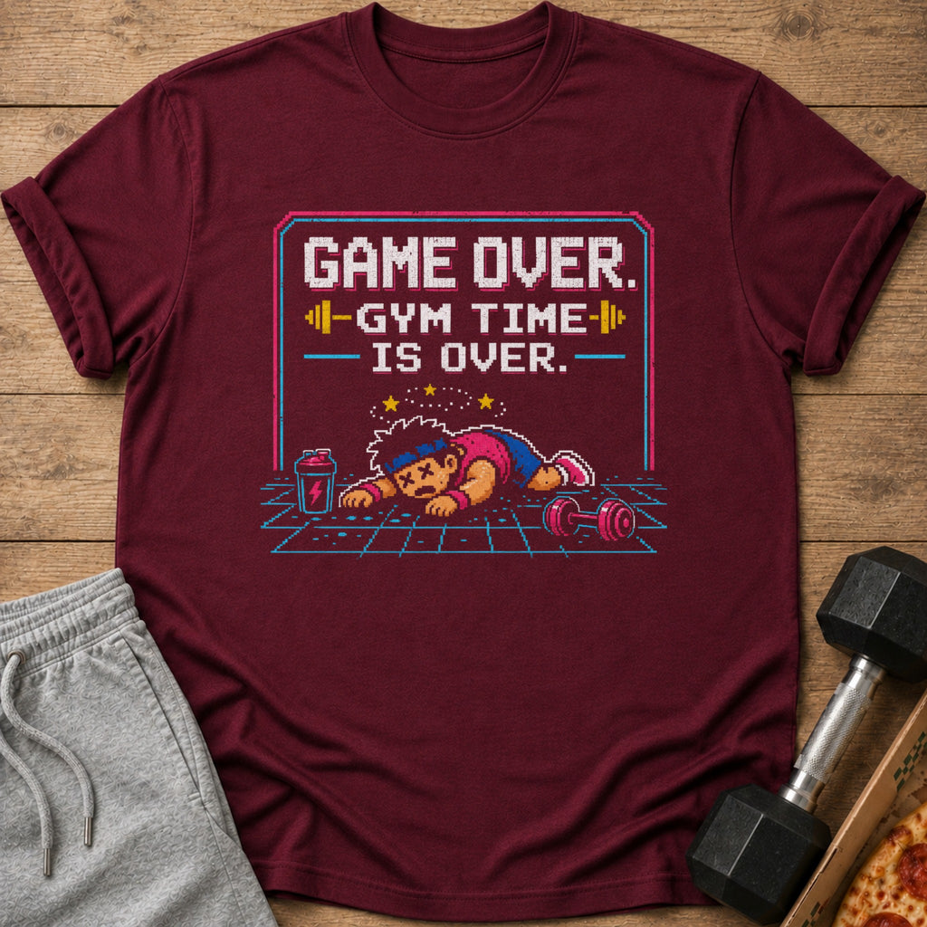 Maroon t-shirt with pixel art saying "Game Over. Gym Time Is Over."