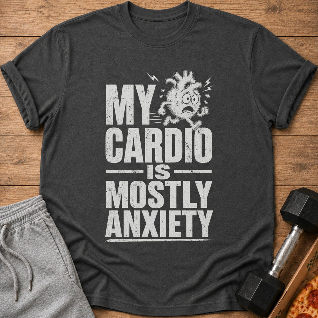Dark grey t-shirt with cartoon heart running and text "My cardio is mostly anxiety".