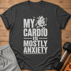 Dark grey t-shirt with cartoon heart running and text "My cardio is mostly anxiety".