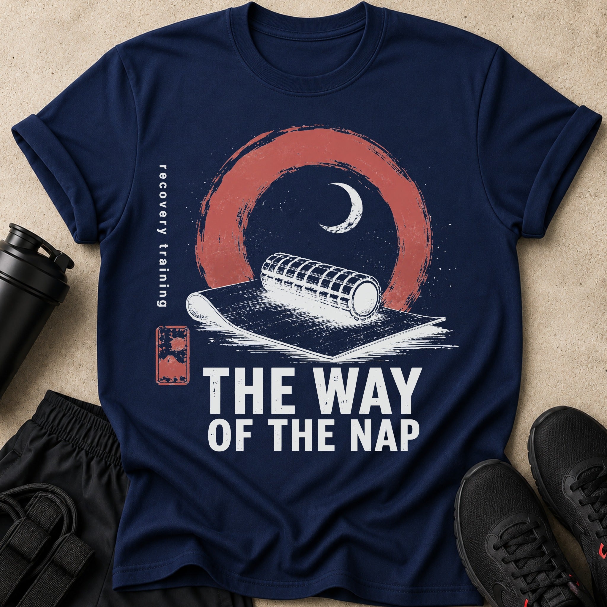 Navy t-shirt with "The Way Of The Nap" text and moon graphic.