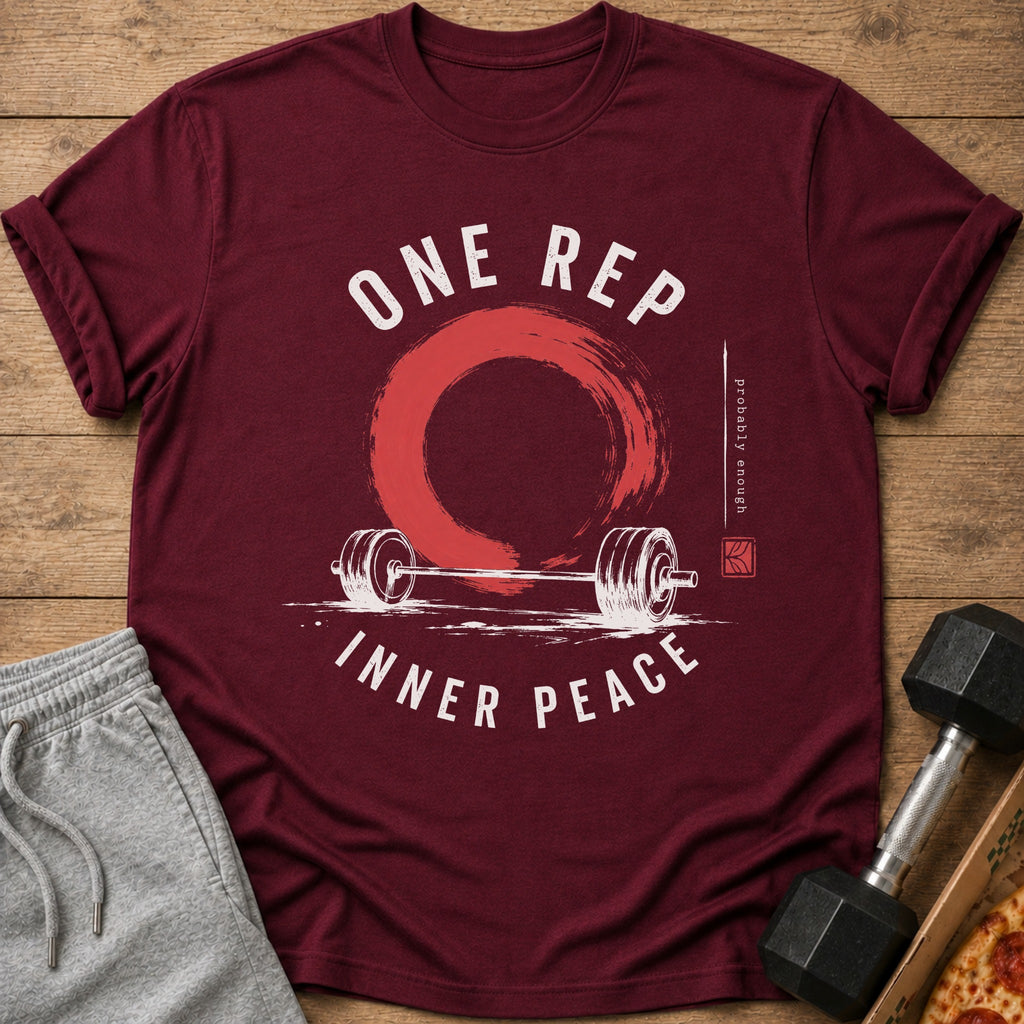 Maroon t-shirt with "One Rep Inner Peace" and barbell graphic.