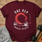 Maroon t-shirt with "One Rep Inner Peace" and barbell graphic.