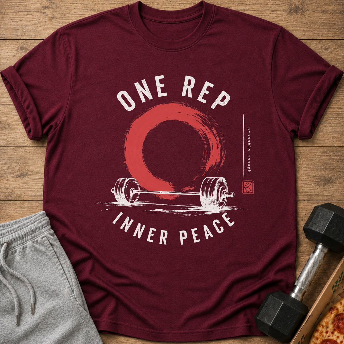 Maroon t-shirt with "One Rep Inner Peace" and barbell graphic.