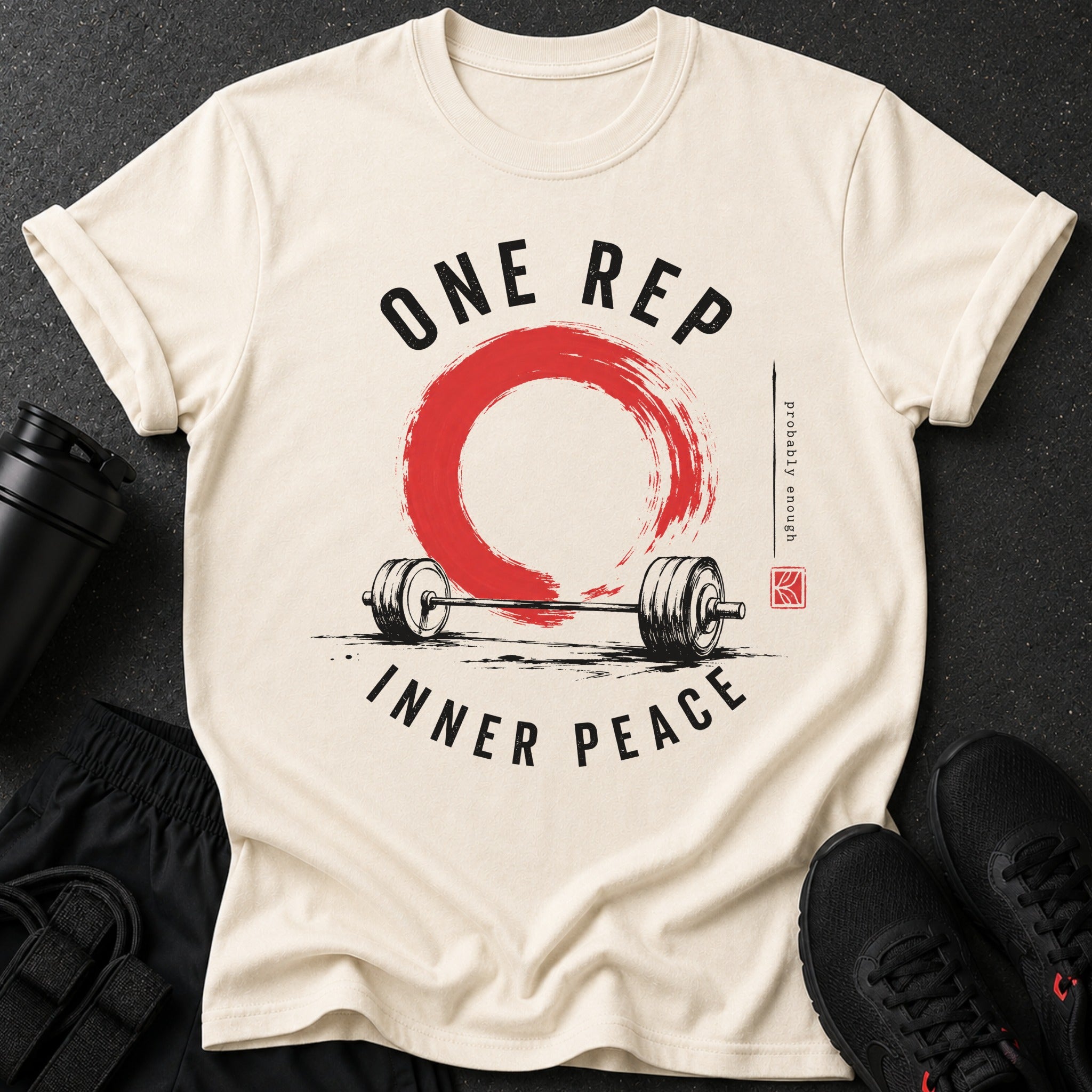 Cream t-shirt with "ONE REP INNER PEACE" text, barbell, and red circle graphic.
