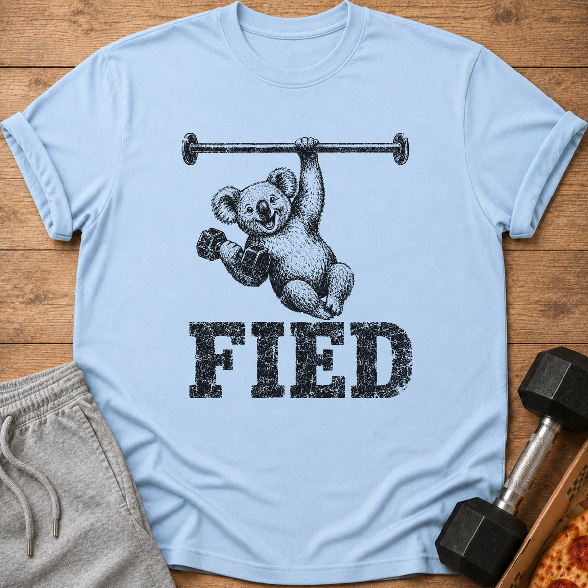 Light blue t-shirt with a koala holding a barbell and dumbbells, with text "FIED".