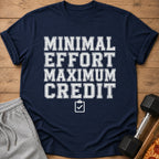 Navy t-shirt with "Minimal Effort Maximum Credit" text and a checklist icon.