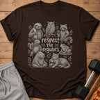 T-shirt with sketch art of a sloth, owl, raccoon, turtle, frog, capybara, and cat with text "respect the regulars".