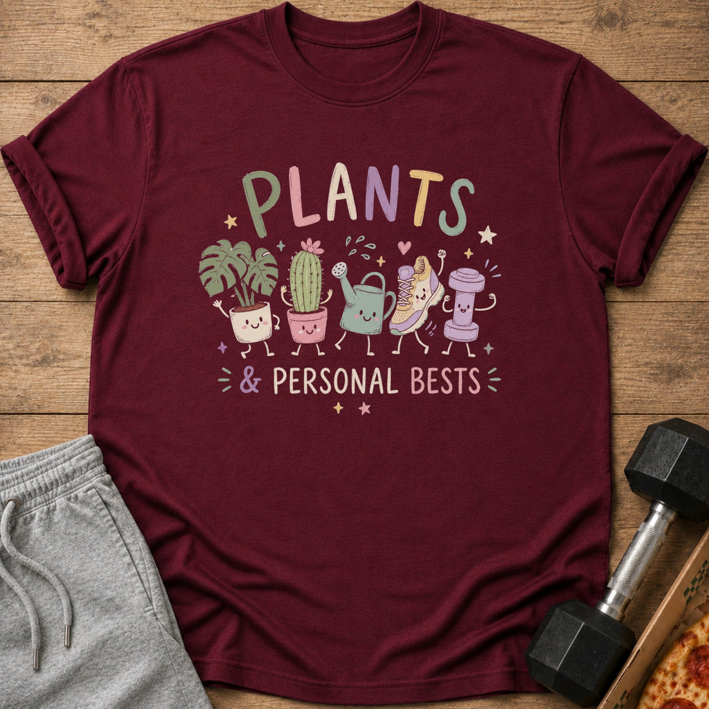 Maroon t-shirt with "PLANTS & PERSONAL BESTS" text and cartoon plants and gym items.