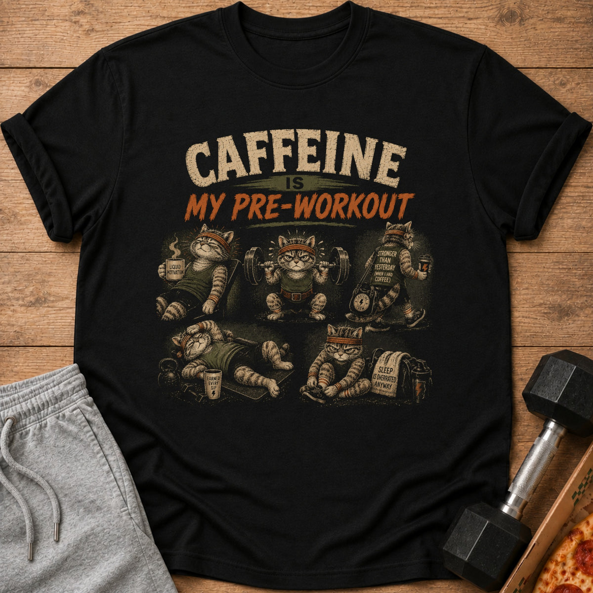 Black t-shirt with cats exercising and text "Caffeine is my pre-workout".