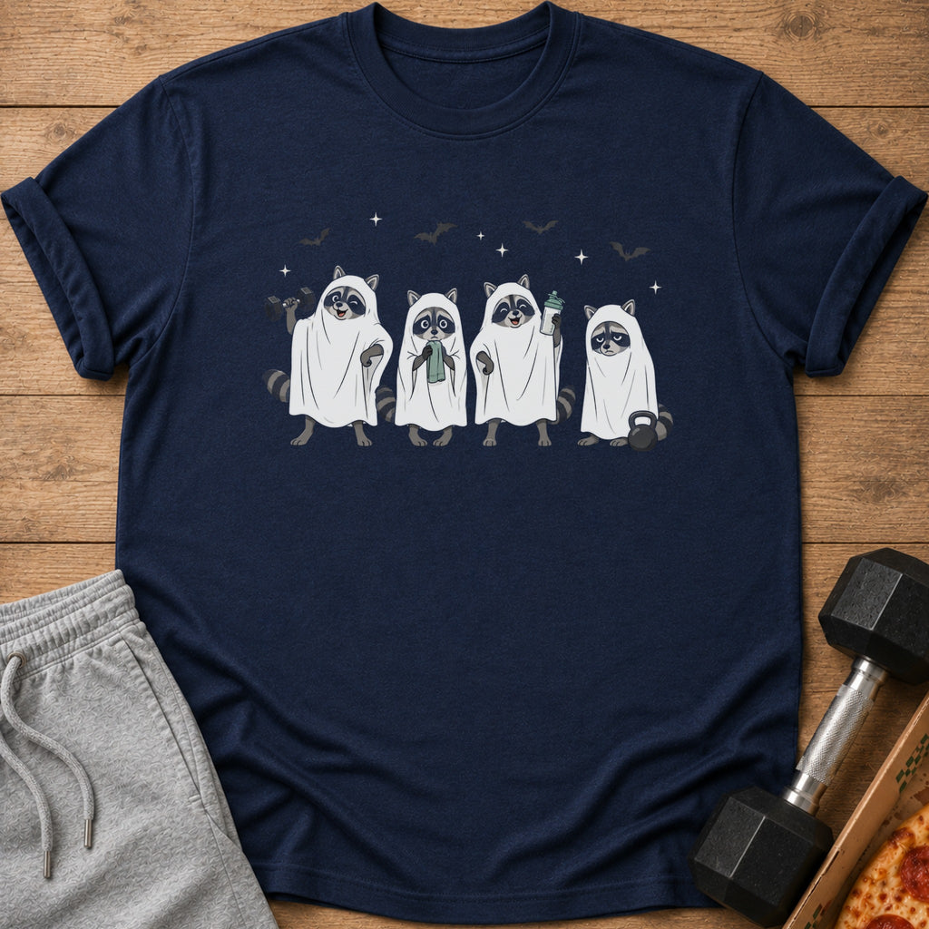 Four raccoons dressed as ghosts holding gym equipment, with bats and stars.