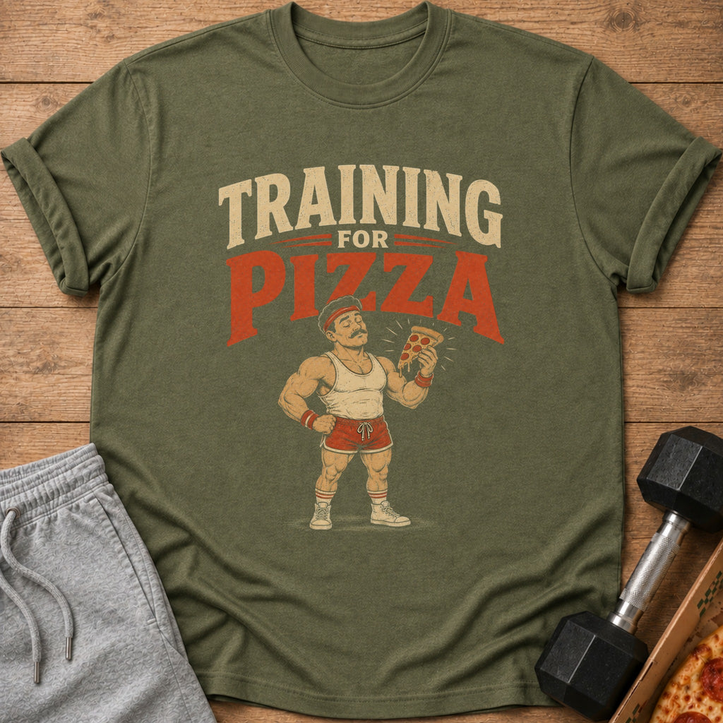 Olive green t-shirt with "TRAINING FOR PIZZA" text and cartoon man holding pizza.