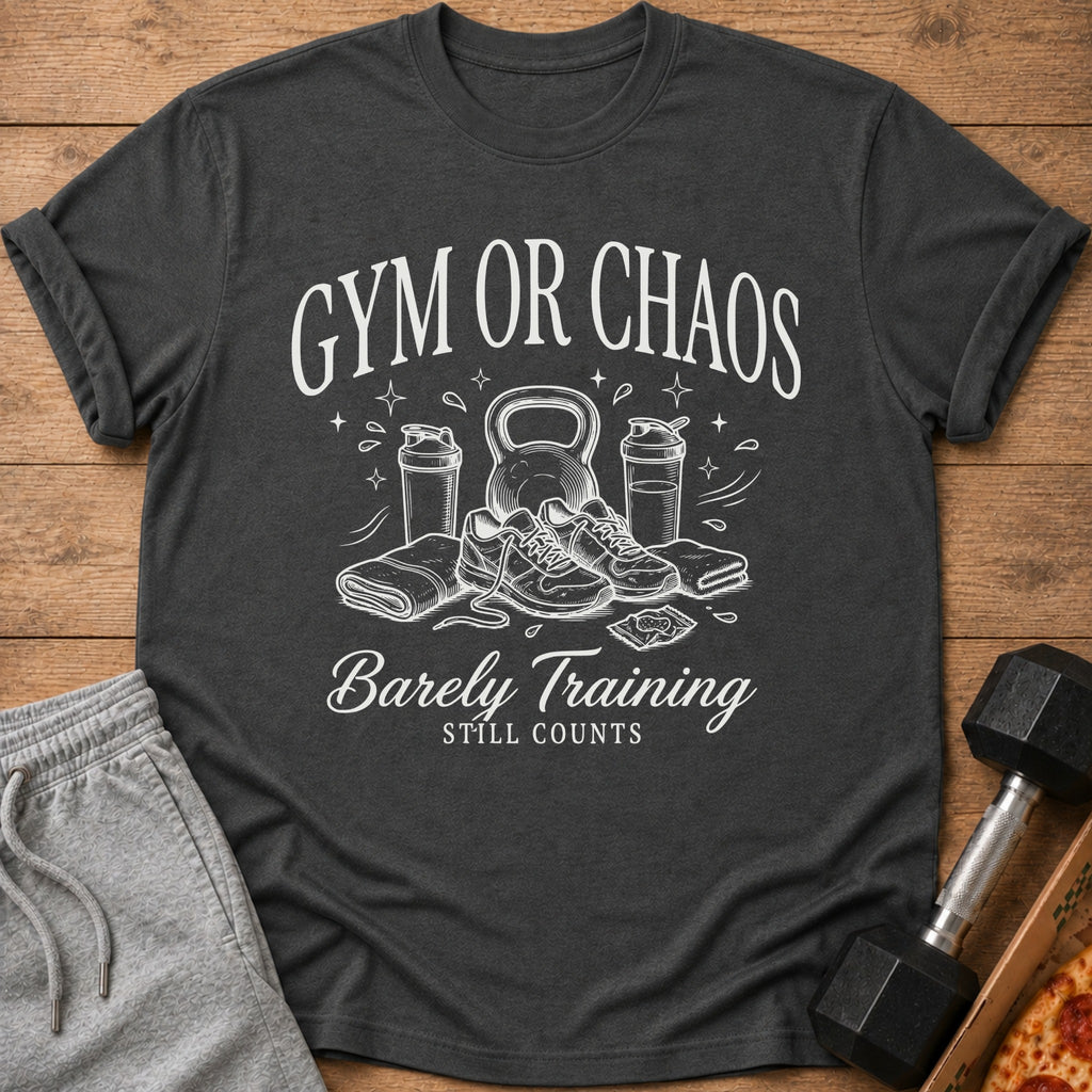 Dark gray t-shirt with "GYM OR CHAOS Barely Training STILL COUNTS" and fitness graphics.