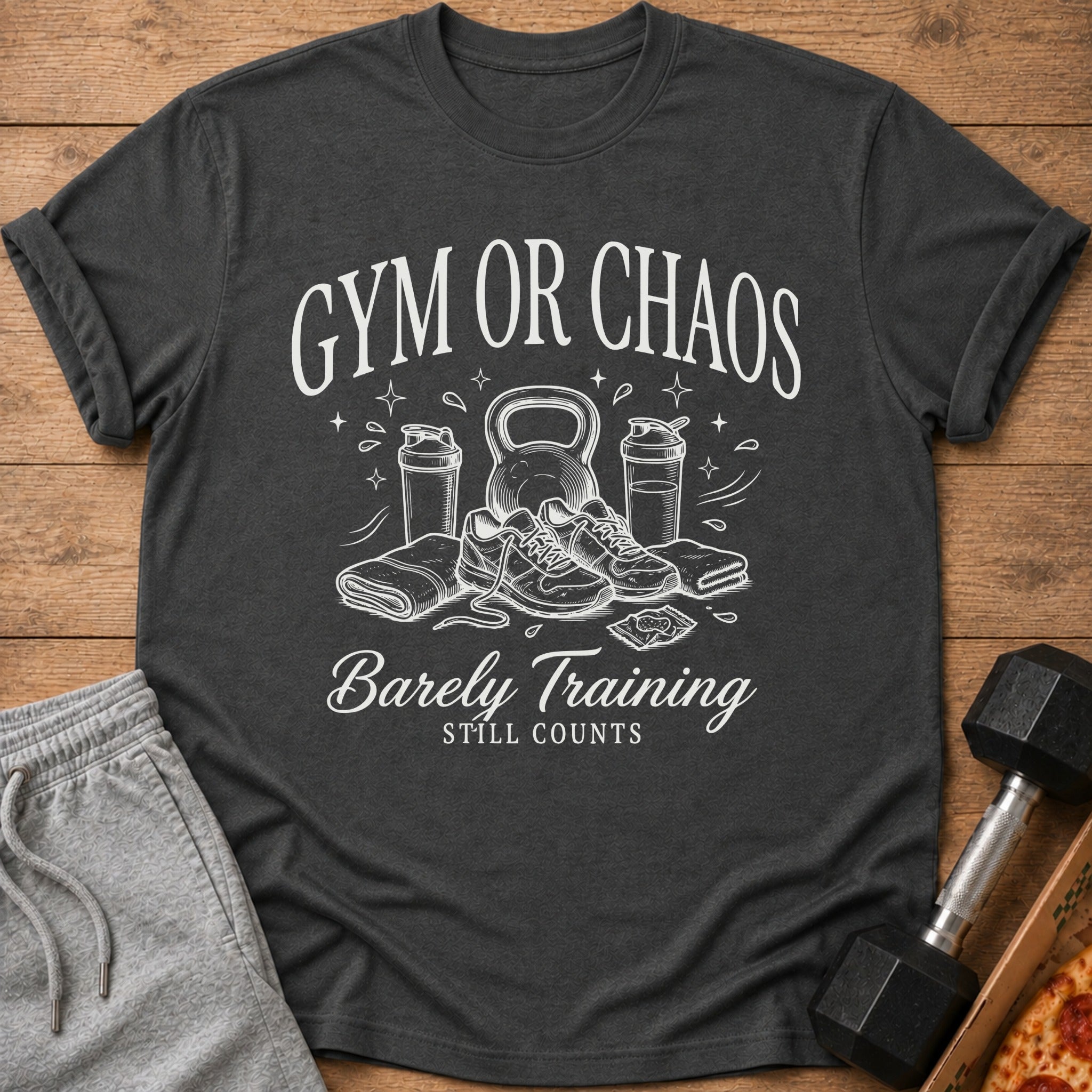 Dark gray t-shirt with "GYM OR CHAOS Barely Training STILL COUNTS" and fitness graphics.