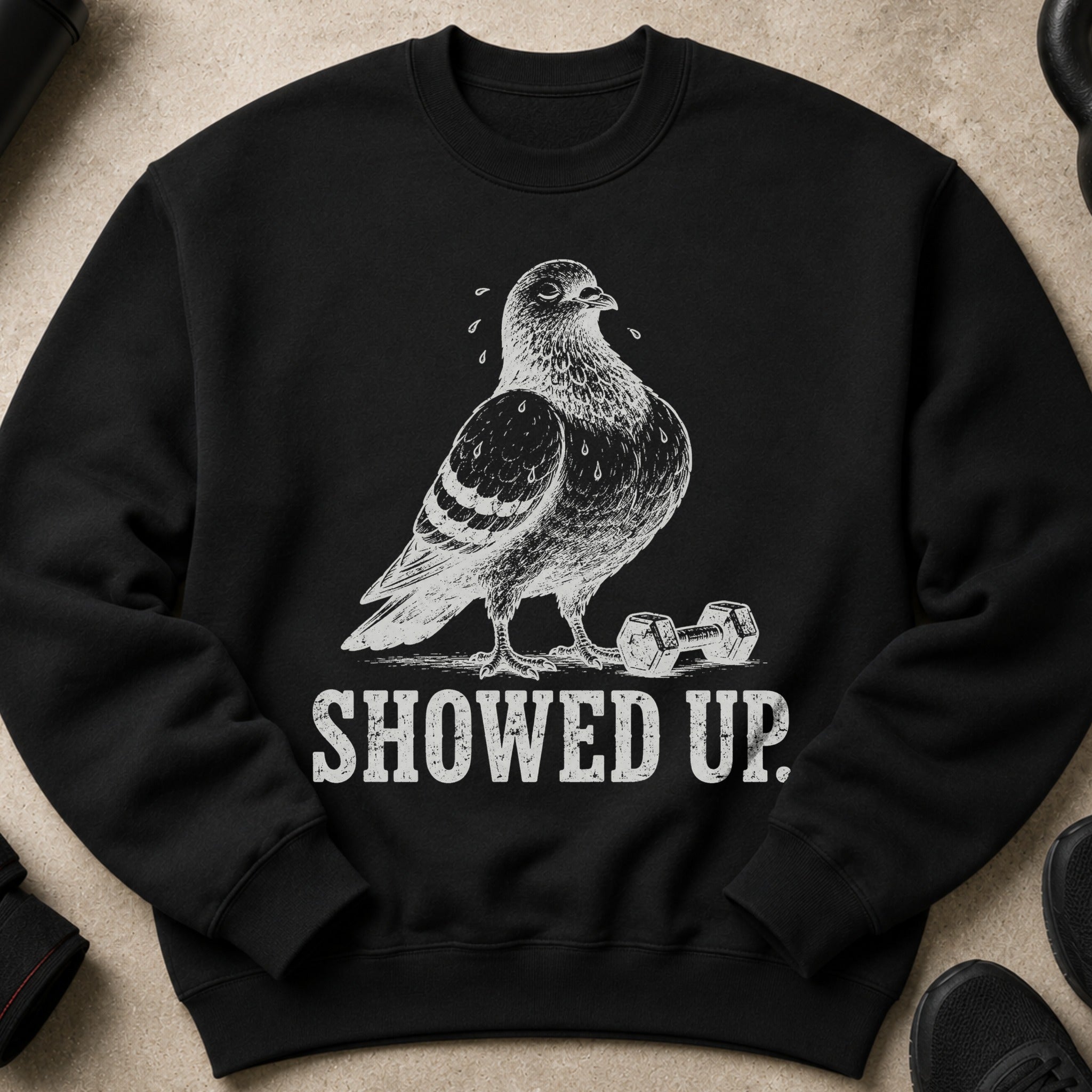 Black sweatshirt with a drawing of a pigeon and a dumbbell, text reads "SHOWED UP."