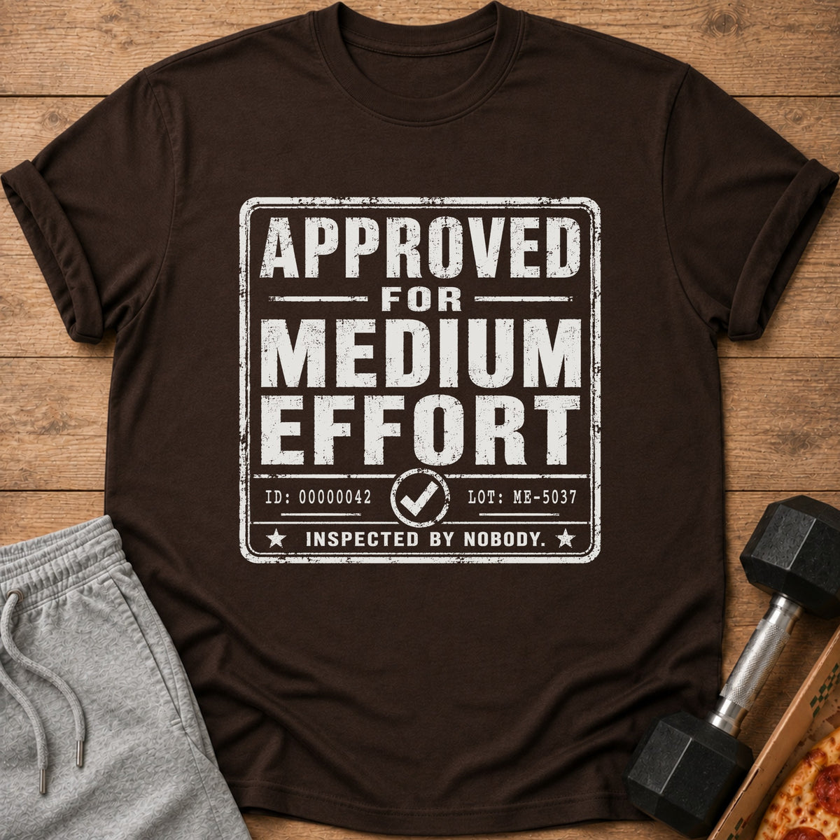 Brown t-shirt with "APPROVED FOR MEDIUM EFFORT INSPECTED BY NOBODY" text.