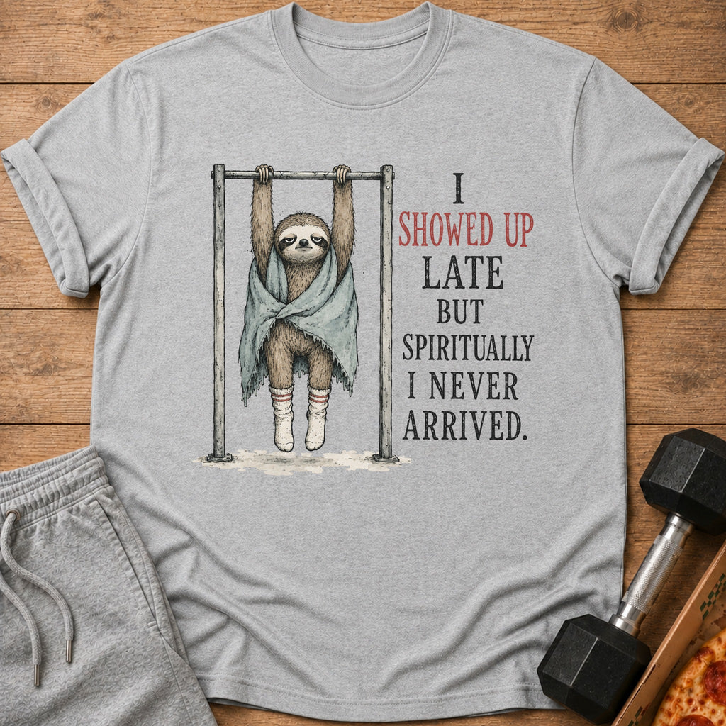 Grey t-shirt with a sloth on a pull-up bar and text "I showed up late but spiritually I never arrived."