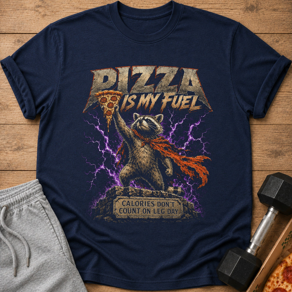 Navy t-shirt with graphic of raccoon holding pizza, text "PIZZA IS MY FUEL."