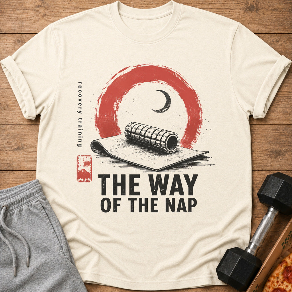 Cream t-shirt with graphic of a foam roller, moon, and text "THE WAY OF THE NAP".