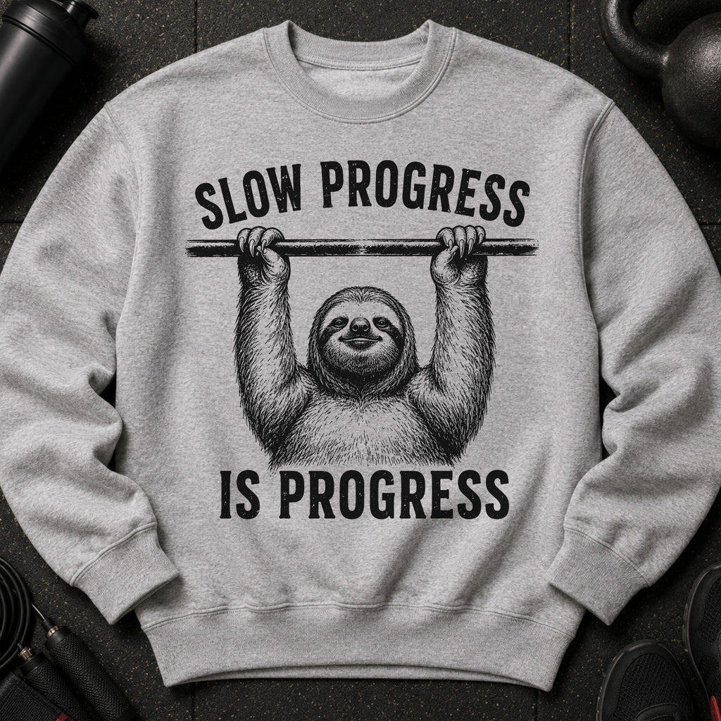 Grey sweatshirt with a sloth hanging from a bar, saying "SLOW PROGRESS IS PROGRESS".