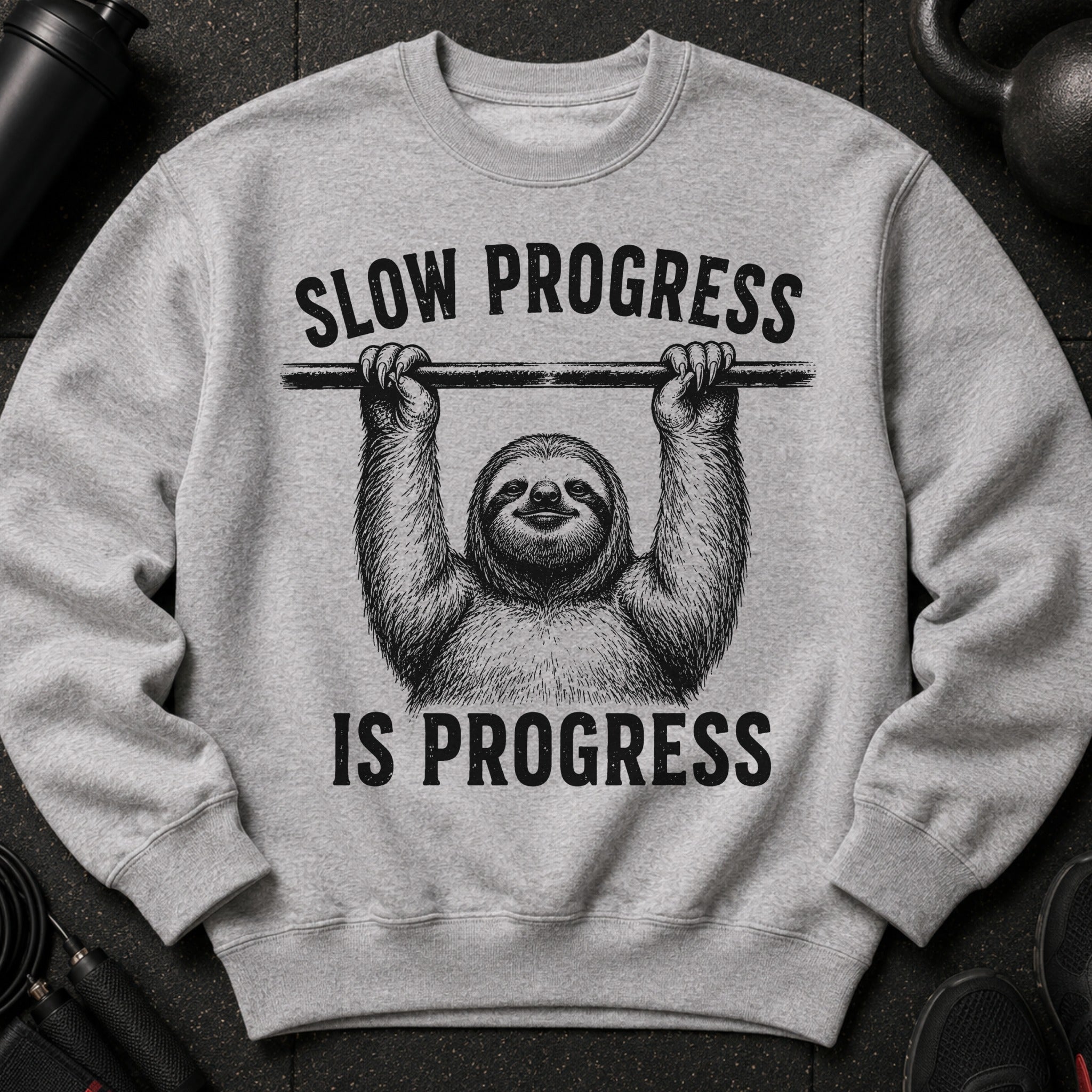 Grey sweatshirt with a sloth hanging from a bar, saying "SLOW PROGRESS IS PROGRESS".