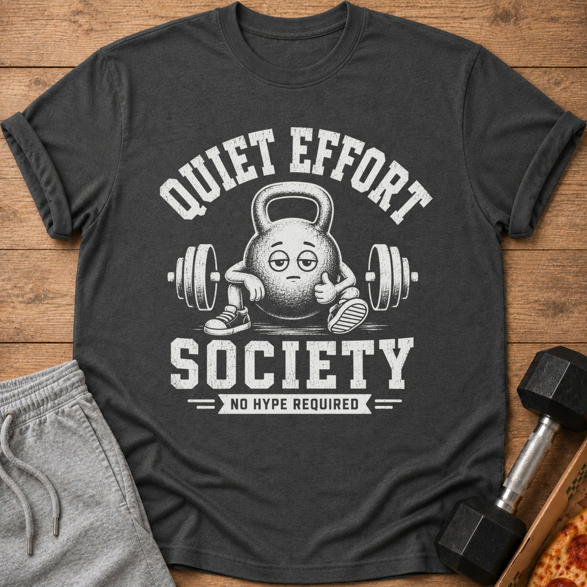 T-shirt with a graphic of a tired kettlebell giving a thumbs up next to a barbell.