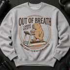 Capybara on treadmill with drink, "Out of Breath Cardio Society" text.