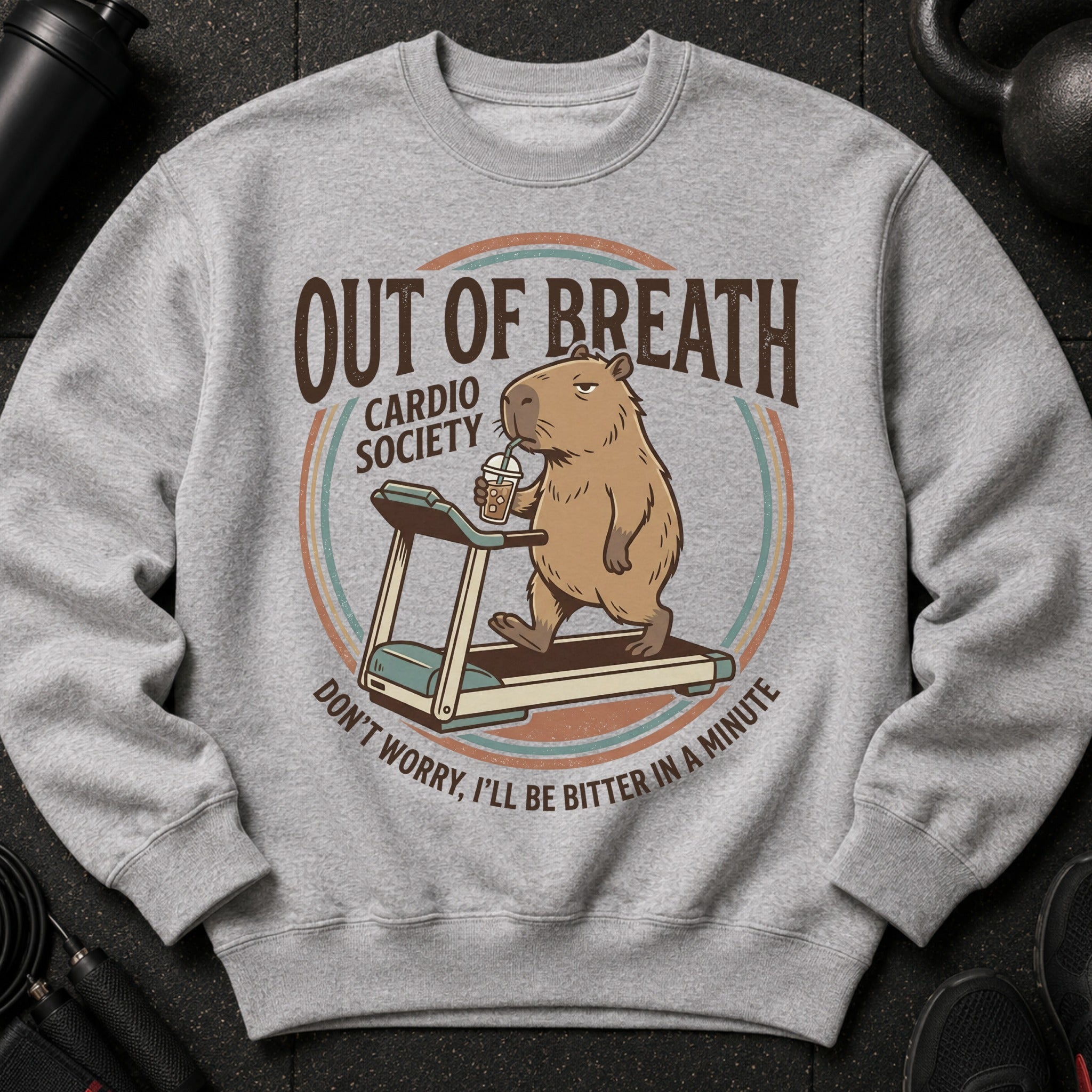 Capybara on treadmill with drink, "Out of Breath Cardio Society" text.