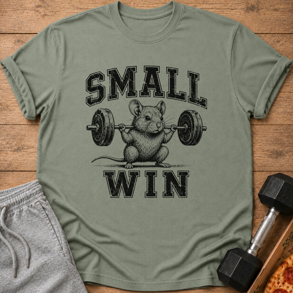 T-shirt with black text "SMALL WIN" and illustration of mouse lifting barbell.