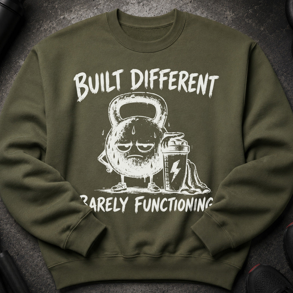 Olive green sweatshirt with white text and graphic of a tired kettlebell.