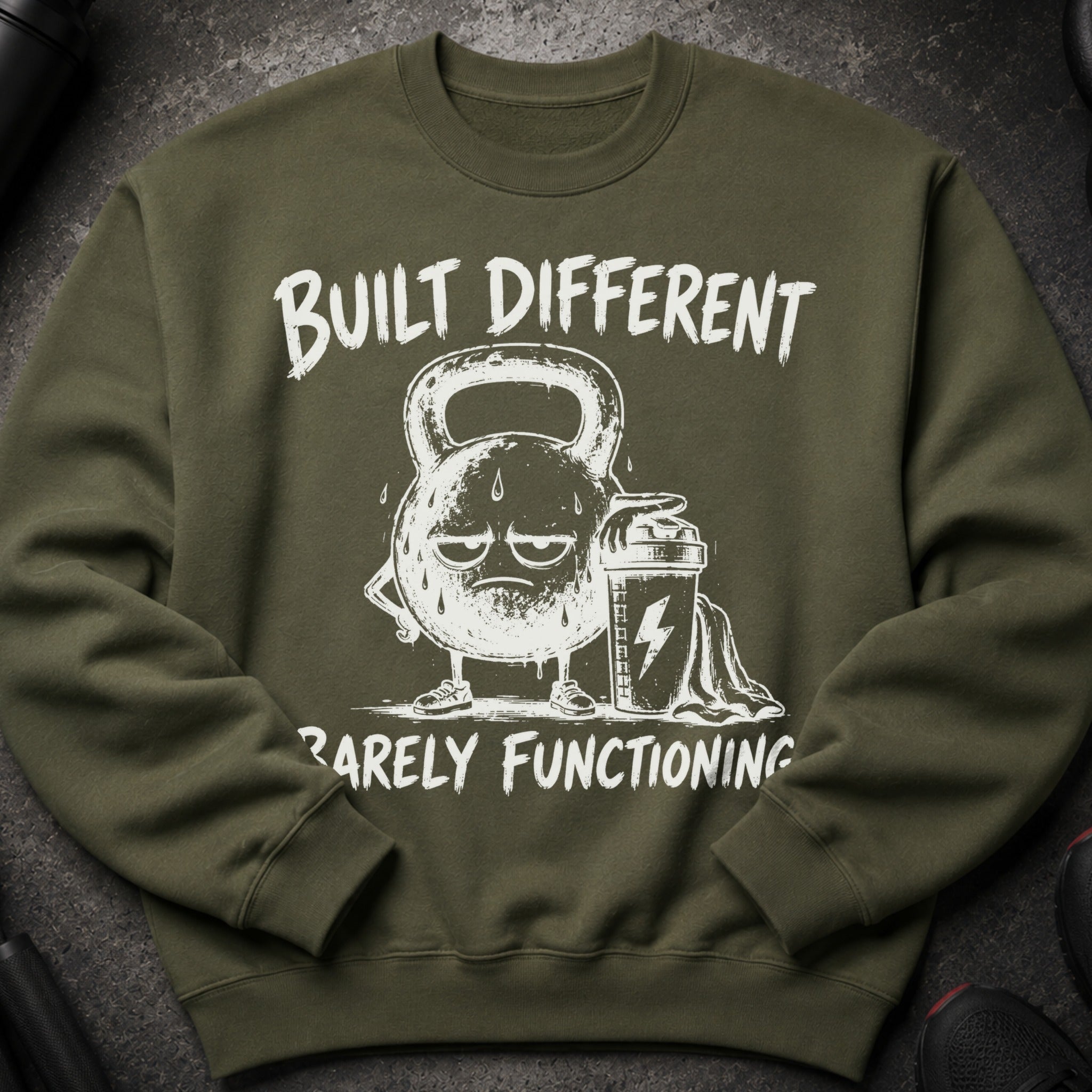 Olive green sweatshirt with white text and graphic of a tired kettlebell.
