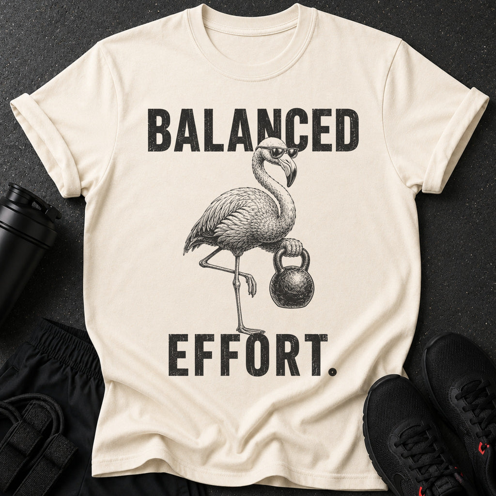 T-shirt with flamingo wearing sunglasses holding a kettlebell and text "BALANCED EFFORT."