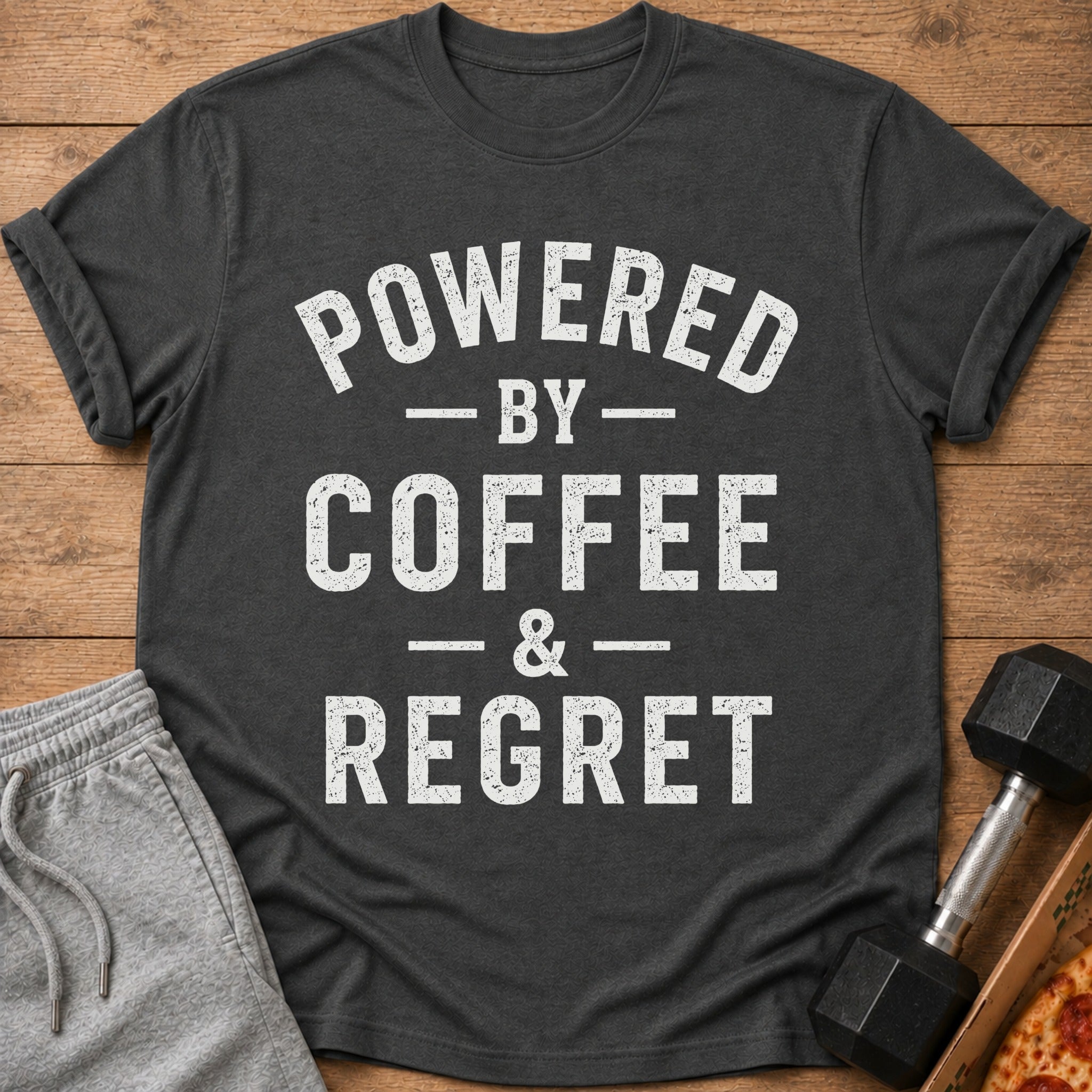 Dark grey t-shirt with white text: "POWERED BY COFFEE & REGRET".