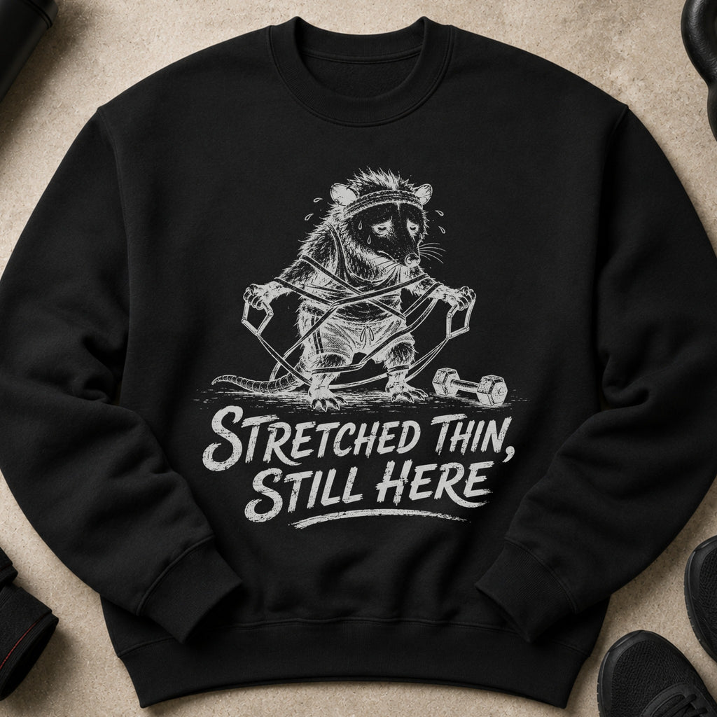 Black sweatshirt with distressed graphic of a rat stretching and text "Stretched Thin, Still Here".