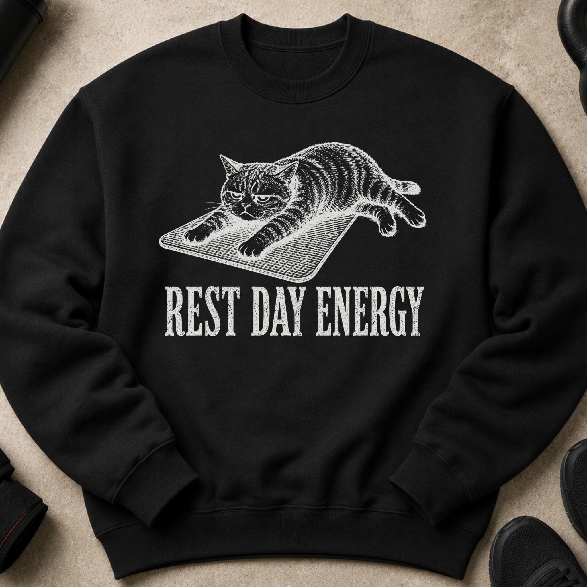 Black sweatshirt with a white graphic of a cat and text that reads "REST DAY ENERGY".