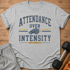 Gray t-shirt with "Attendance Over Intensity Anti-Hustle" and a whistle graphic.
