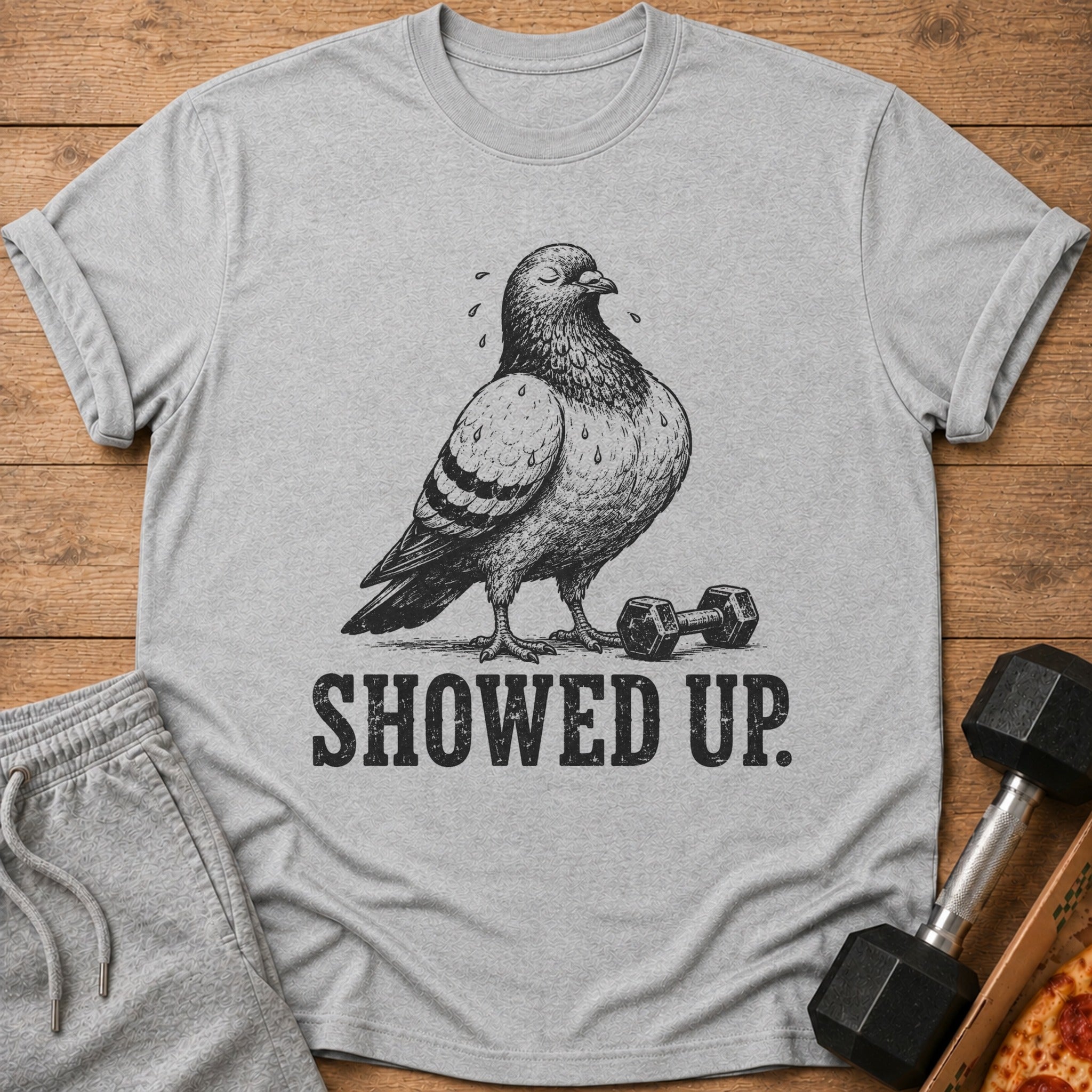Grey t-shirt with a distressed graphic of a sweating pigeon and dumbbell, text reads "SHOWED UP."