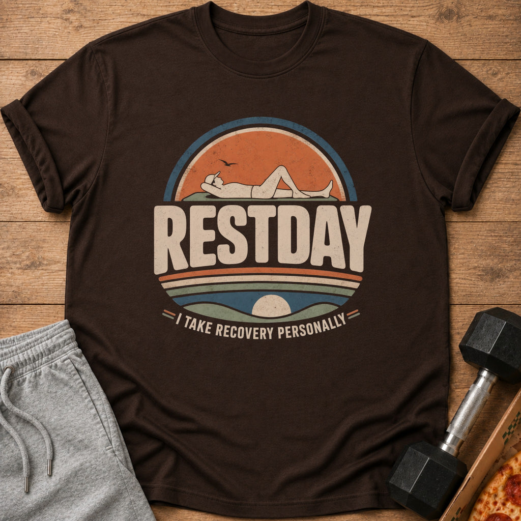 Brown t-shirt with "RESTDAY I TAKE RECOVERY PERSONALLY" graphic.