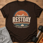 Brown t-shirt with "RESTDAY I TAKE RECOVERY PERSONALLY" graphic.
