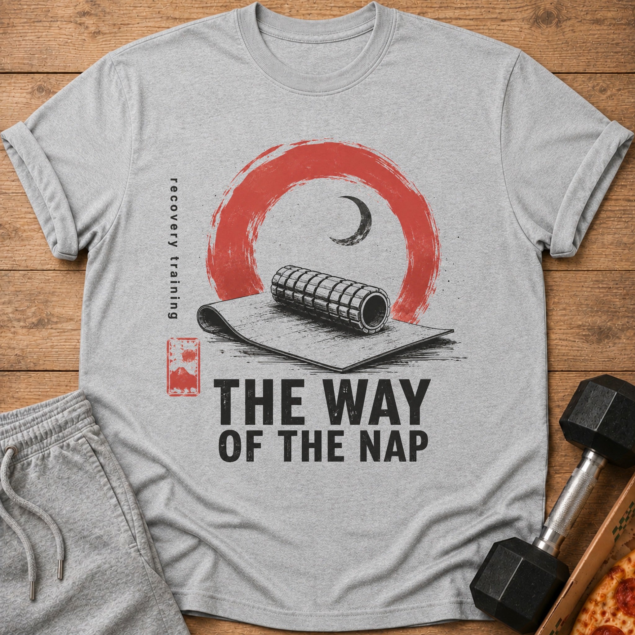 Grey t-shirt with "The Way Of The Nap" text and zen-inspired graphic.