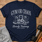 Navy t-shirt with "Gym or Chaos Barely Training Still Counts" and gym icons.